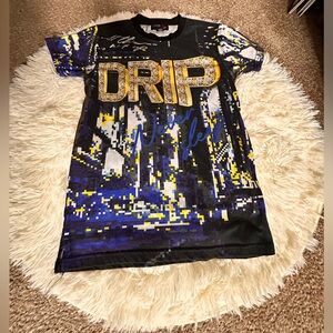 Boys short sleeve “DRIP” shirt Size Medium 10-12 WITH TEAL RHINESTONES ATTACHED